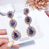 AOMU Korea Design Purple Crystal Love Heart Rhinestone Teardrop Pearl Long Tassel Resin Flower Gold Stud Earrings for Women Girl