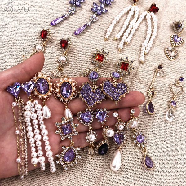 AOMU Korea Design Purple Crystal Love Heart Rhinestone Teardrop Pearl Long Tassel Resin Flower Gold Stud Earrings for Women Girl