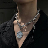 HUANZHI 2019 New Hip Hop Planet Gear Silvery Metal Thick Chain Necklace For Women Men Girls Party Punk Jewelry Dark Wind Gifts