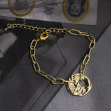 HUANZHI 2019 New Korean Simple Gold Metal Plated Human Head Coin Pearl Portrait Leaf Bracelets for Women Girl Bangle Party Gift