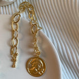 HUANZHI 2019 New Korean Simple Gold Metal Plated Human Head Coin Pearl Portrait Leaf Bracelets for Women Girl Bangle Party Gift