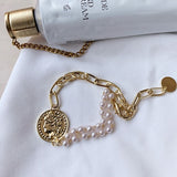 HUANZHI 2019 New Korean Simple Gold Metal Plated Human Head Coin Pearl Portrait Leaf Bracelets for Women Girl Bangle Party Gift