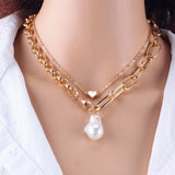 KMVEXO Fashion 2 Layers Pearls Geometric Pendants Necklaces For Women Gold Metal Snake Chain Necklace New Design Jewelry Gift