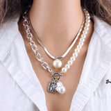 KMVEXO Fashion 2 Layers Pearls Geometric Pendants Necklaces For Women Gold Metal Snake Chain Necklace New Design Jewelry Gift