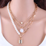 KMVEXO Fashion 2 Layers Pearls Geometric Pendants Necklaces For Women Gold Metal Snake Chain Necklace New Design Jewelry Gift