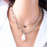KMVEXO Fashion 2 Layers Pearls Geometric Pendants Necklaces For Women Gold Metal Snake Chain Necklace New Design Jewelry Gift